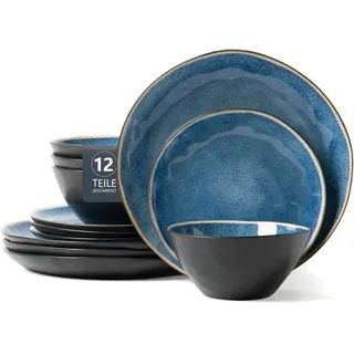 Tafelservice OTTO HOME "Teller Set, Service Allden", blau, schwarz, 12, Steinzeug, Geschirr-Sets, Tafelservice, Teller Set, jedes Stück ein Unikat, 12 Teile, für 4 Personen