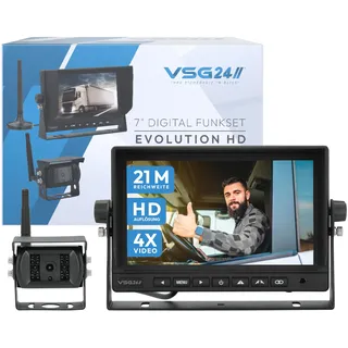 VSG24 7“ Evolution HD Funk Rückfahrsystem für Wohnmobil & LKW, KFZ Set kabellos inkl. Rückfahrkamera + Monitor, einfach zum DIY Nachrüsten 12V-24V, Kamera digital, Auto Rückspiegel Einparkhilfe