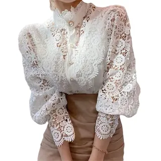 ORANDESIGNE Damen Langarm Spitze Top Bluse Shirt Leichtes Transparente Spitzenbluse Rundhals Tüll Mesh Bluse Durchsichtig Stickerei Blumen Spitze Oberteile