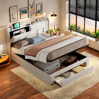 ProximaX Polsterbett 160x200cm mit USB, Samtbett mit Schubladen , Jugendbett Doppelbett mit Lattenrost und Stauraum, Stauraumbett mit LED, Beige - Beige