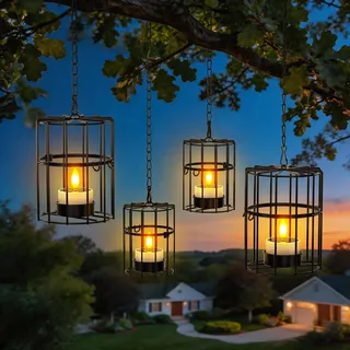 Yme Solar Hängend Laternen für Draußen, 4er Rustikale Metall Solarlaterne mit LED Flackernde Solar Teelichter Kerzen Outdoor Wasserdicht für Außen Garten Terrasse Balkon Hof Deko (2 Groß + 2 Klein)
