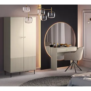 Kleiderschrank und Schminktisch in kaschmir matt SALOU-131 modern 2-teilig mit Rillenoptik, Softclose-Funktion - Beige