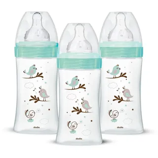 Dodie 3 Anti-Colic Babyflaschen für Einsteiger + aus Glas, 270 ml, 0 – 6 Monate, runder Sauger, Durchfluss 2