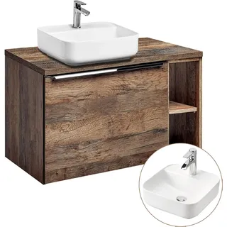 Waschtischunterschrank 80cm mit Regal & Keramikbecken PUEBLA-56 in Vintage Oak, B/H/T ca.: 80,4/63,5/46 cm - Weiß