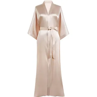 PRODESIGN Morgenmantel Damen Bademantel Satin Kimono Lang mit Gürtel Einfarbig Nachtwäsche Leicht Schlafmantel Champagner