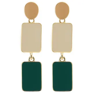 Art Deco Goldfarben Kreis Rechteck Statement Baumeln Tropfen Ohrstecker Ohrringe mit Beige und Grün Emaille
