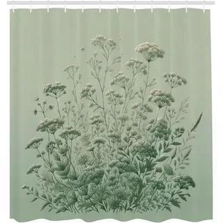 ABAKUHAUS Salbeigrün Duschvorhang, Botanische Komposition von Wildblumen mit Walddtönen Boho Urban Jungle, Stoffliches Gewebe Badezimmerdekorationsset mit Haken, 175 x 200 cm, Blasses Türkis Smaragd