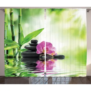 ABAKUHAUS Spa Rustikaler Vorhang, Orchideen Rock Wasser, Wohnzimmer Universalband Gardinen mit Schlaufen und Haken, 280 x 245 cm, Grün Rosa