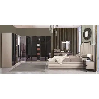 Luxus Schlafzimmer Set 6tlg Moderner Stil Holzmöbel Bett Schminktisch Set - Beige