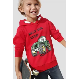 Kapuzensweatshirt KIDSWORLD "BEST JOB EVER", Jungen, Gr. 140/146, rot, angeraute Sweatware, Obermaterial: 100% Baumwolle. Kapuzenfutter: 100% Baumwolle, bedruckt, Basic, Bündchen, Sweatshirts Kapuzensweatshirt, Kapuzensweatshirt mit Traktor-Print