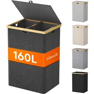 Lifewit 160L Bambus Wäschekorb mit Deckel, Faltbar Wäschesammler 2 Fächer Wäschesortierer mit Abnehmbarem Wäschesack Bambus Griffen Wäschebox Laundry Baskets für Waschküche, Schlafzimmer, Schwarz
