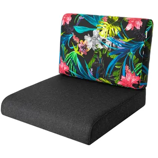 Bjird Sesselkissen, Kissen für Rattanmöbel, Sitzkissen & Rückenkissen, Sitzkissen für Sessel / Stühle - Indoor & Outdoor - Anti-Rutsch - 50x50 cm, Schwarz + bunte Blätter - Schwarz
