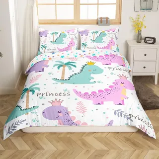 Loussiesd Mädchen Prinzessin Dinosaurier Bettwäsche Set 135x200cm Cute Dino Betten Set für Kinder Jungs Cartoon Tiere Bettbezug Set Die ganze Saison Dekor,1 Bettbezug Set mit 1 Kissenbezug