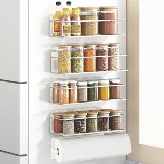 Roysili Gewürzregal für Kühlschrank, magnetisches Kühlschrankregal für Küche, Gewürz-Organizer, platzsparend, mit magnetischem Papierhandtuchhalter, weiß, 4er-Pack