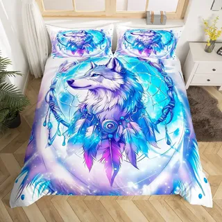 Homewish Wolf Bettwäsche Ombre Blau Lila Fantasy Traumfänger Bettbezug Set 135x200 für Jungen Mädchen Jugendliche,Ästhetisch Leuchtende Sterne Wildtiere Bettwäscheset Neuartig Tierliebhaber Raumdekor