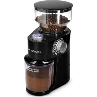 Navaris Elektrische Kaffeemühle mit Edelstahl Scheibenmahlwerk - 200W - für bis zu 14 Tassen Kaffee - 18 Mahlgrade - Kaffee Mühle Schwarz