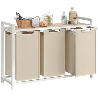 VASAGLE Wäschekorb 3 Fächer, Wäschesammler mit Ablage, Wäschebox, Wäschesack aus Oxford-Gewebe abnehmbar, Metallrahmen, 3 x 40 L, 92,5 x 33 x 72 cm, cappuccinobeige-naturbeige BLH301LH01