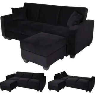 Mendler Sofa HWC-H47 mit Ottomane, Couch Sofa Gästebett, Schlaffunktion Stauraum 217x145cm Samt schwarz