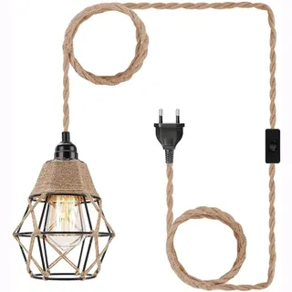 Pendelleuchte Kit mit Stecker Vintage Plug in Hängelampe Küche Lampenkabel mit 4,5 Meter Seil Kabel Hanfseil E27 Lampenfassung Käfige Lampenschirm Hängeleuchte Küchenlampe Esszimmerlampe