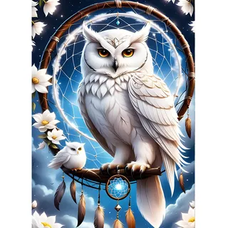 QINRUBB DIY Weiße Eule Diamant Painting Bilder Anfänger, 5D Traumfänger Diamond Painting Erwachsene, Runder Vollbohrer Traumland Eule Diamant Kunst Kits Kreuzstich Home Wand Dekor 30x40 cm
