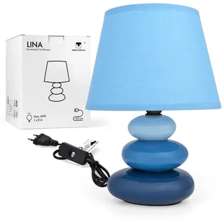 Urban Lifestyle Nachttischlampe Lina (blau) Tischleuchte Keramik Tischlampe mit Stoffschirm, LED geeignet, E14, 230V Keramik Tischlampe, Nachttischleuchte