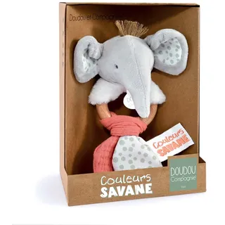 Doudou et Compagnie - Farben Savanne – Rassel Holz Elefant – Grau – 15 cm – Geschenk zur Geburt – DC4077