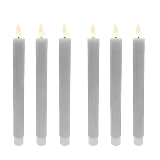 Relaxdays LED Stabkerzen, 6er Set, HxD: 25 x 2 cm, flackernde Flamme, Echtwachs, Rillen, flammenlose Kerzen, hellgrau