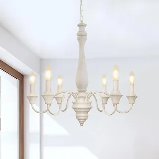 KMaiPem Modern Weiß Kronleuchter, 6 Lichter Holz Vintage Landhaus Chandelier, Höhenverstellbarer Französische Eisen Bauernhaus Hängelampe Wohnzimmer, Schlafzimmer, Esszimmer, Flur