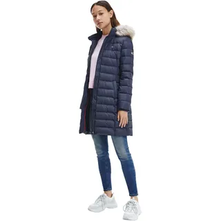 Tommy Jeans Damen Daunenmantel Essential Hooded Down Coat mit Kunstpelz, Blau (Dark Night Navy), XXS