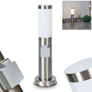 HOFSTEIN Wegeleuchte Sessa, Außenwegeleuchte mit Steckdose aus Metall/Kunststoff in Nickel-matt/Weiß, moderne Sockelleuchte für Garten, Außenbereich, Hof, Terrasse, Höhe 45,5 cm, E27, IP44