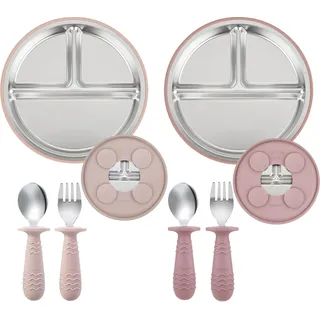PandaEar 2er-Set Edelstahl Baby Teller mit Saugnapf & 2er Babybesteck – Geteilte Kinderteller mit Löffel und Gabel, BPA-frei, Rutschfestes Baby Geschirrset für Beikosteinführung