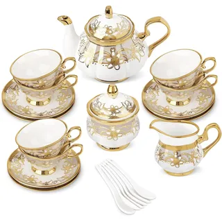 fanquare 21 Stück Porzellan Teeservice mit Zuckerdose Milchkännchen, Tasse und Untertassen für 6, Königliches Blumen Kaffeeservice mit Goldbesatz für Party Hochzeit Geburtstagsgeschenk