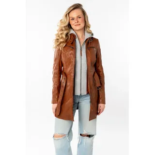 Lederjacke MAURITIUS "Bente OT 2", Damen, Gr. XS (34), braun (cognac), Obermaterial: 100% Schafsleder. Futter: 100% Baumwolle. Kapuze: 55% Baumwolle, 45% Polyester. Ärmelfutter: 100% Polyester, unifarben, körpernah ca. Mitte Oberschenkel, Rundhals, Jacken Lederjacke, (mit Gürtel) lange Lederjacke mit Gürtel & abnehmbarem Kapuzen-Inlay