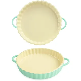 Hengrongshen Tarteform Keramik 21 cm x 4.2 cm – Runde Quicheform aus Keramik mit Griffen, Antihaftbeschichtung, Hitzebeständig & Spülmaschinengeeignet – Ideal für Quiche, Kuchen & Tarte (Beige Blau)