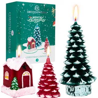 Deco Express Kerzen Deko 3er Set Weihnachten Deko Candle mit Weihnachtsbaum und Winter Motiven Geschenk Idee (Mehrfarbig 3 Stück)