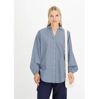 Langarmbluse BONPRIX "Oversize-Bluse aus reiner Baumwolle", Damen, Gr. 46, blau (dunkelblau, weiß längs gestreift), Obermaterial: 100% Baumwolle, oversize, Blusen Langarmbluse, Oversize-Passform, mit V-Ausschnitt, aus Baumwolle