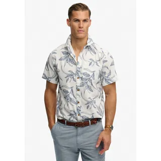 Kurzarmhemd SUPERDRY "VINTAGE LOOM S/S SHIRT", Herren, Gr. M, N-Gr, weiß (canna leaves china blau), Web, Obermaterial: 100% Baumwolle, gemustert, relaxed fit normal, Rundhals, Hemden Kurzarmhemd, mit sommerlich coolem Hawaii-Blumen-Print