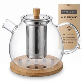Teekanne aus Glas mit Edelstahl-Sieb Unterteller Dobin – 1,5 Liter – Borosilikatglas & Bambus Unterteller – Tropffrei, Hitzebeständig, Spülmaschinenfest (Teekanne)