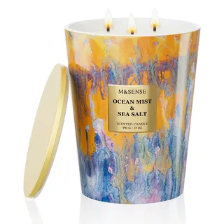 M&SENSE Große Duftkerze im Glas, Ocean Scented Candle, 150 Stunden Brenndauer mit 3 Dochten, XXL-Kerze aus 990g Sojawachs zur Entspannung, Geschenk für Frauen, Weihnachten, Geburtstag, Muttertag