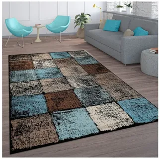 Paco Home Designer Teppich Wohnzimmer Ausgefallene Farbkombination Karo Türkis Braun Creme, Grösse:70x250 cm