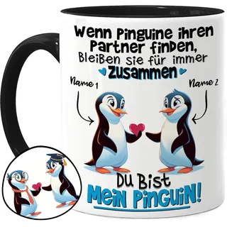 Tassenliebling® Paar Tasse personalisiert - Schwarz - Wenn Pinguine ihren Partner finden - Süßes Pärchen Geschenk für ihn zum Jahrestag - Liebesgeschenke Freund Ehemann - Valentinstag - 330ml Keramik