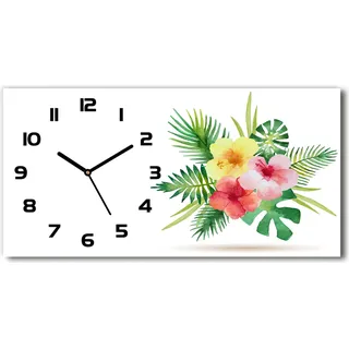 Wanduhr aus Glas – 60x30 cm - Glasbild - Glasuhr - Gehärtetes Glas - schwarze-zeiger - Hawaii-Blumen