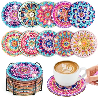 WuGU 10 Stück Diamond Painting Untersetzer mit Halter, Diamant Tassenuntersetzer, Mandala Diamond Art Painting, 5D DIY Mandala Untersetzer rutschfest für Anfänger, Erwachsene & Kinder
