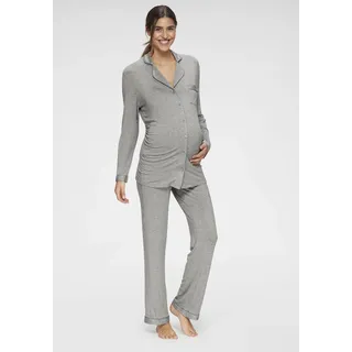 Umstandspyjama LASCANA, Damen, Gr. 40/42, grau, Single Jersey, Obermaterial: 95% Viskose, 5% Elasthan, meliert, sehr bequem lang, V-Ausschnitt, eingesetzt Manschette, Homewear-Sets Umstandspyjama, mit Knopfleiste und Raffung an der Seitennaht