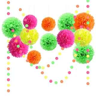 NICROLANDEE Seidenpapier Pompons Schwarzlicht Party Deko 15 Stück, Neon Tissue Papier Pom Poms und Dots Papier Girlande, Party Dekorationen für Hochzeit, Abschlussball, Geburtstag, Gartenparty deko