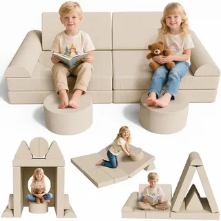 Spielsofa aus Cord - Modulares Kindersofa - Set 14-teilig - Polsterbausteine - Ausklappbar - - 140x70x44 cm - Rosa