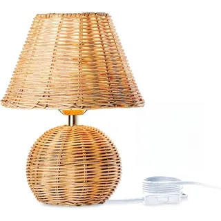 Tischlampe aus Bambus mit Stecker und Schalter Nachttischlampe Vintage E14 Tischleuchte Bambusweblaterne mit 1.5M Kabel Handgefertigte Gewebte Tischbeleuchtung für Schlafzimmer Wohnzimmer Kinderzimmer
