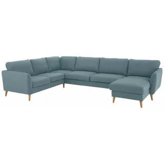 Home affaire Wohnlandschaft »MARSEILLE XXL 349cm, U-Form, Ottomane rechts/links wählbar« Massivholzbeine Eiche, Landhausstil, Wellenunterfederung, grün
