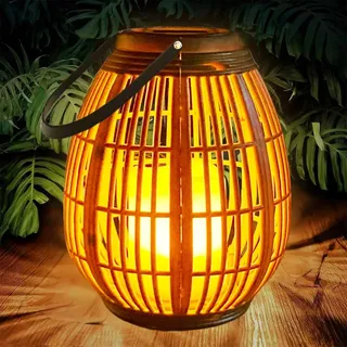 Joycome Solarlaterne für Außen, Solarlampen für Außen Hängend mit Flackernde Kerzen, Solar Laternen Outdoor, Wetterfest Rattan Laternen für Garten Balkon Tisch Friedhof Terrasse Deko - Holz