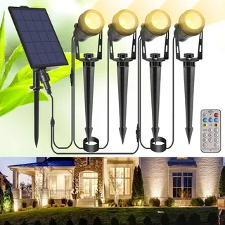 B-right Solar Strahler Gartenleuchten mit Fernbedienung, IP65 4 Stück Gartenbeleuchtung Gartenstrahler mit Erdspieß, LED Solarlampe Garten Außen, 2700K Warmweiß Solarstrahler für Hof Terrasse Bäume